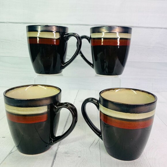 Gibson Home Brown Stripe Stoneware Handle 16oz Handle Coffee Cups Mugs Set of 4 - Picture 3 of 8